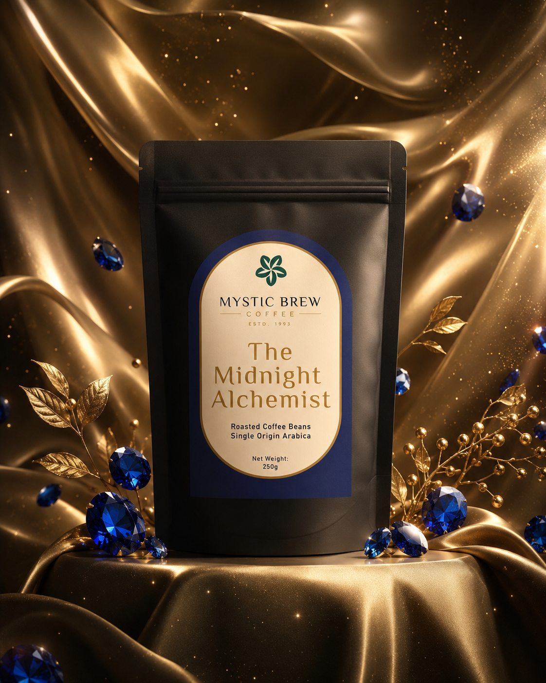 The Midnight Alchemist — dark roast coffee bag with sapphire gems